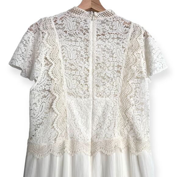 Feather Bone Anthropologie Ivory High Neck Lace And Crepe Midi Dress Women's 14 - Picture 8 of 11